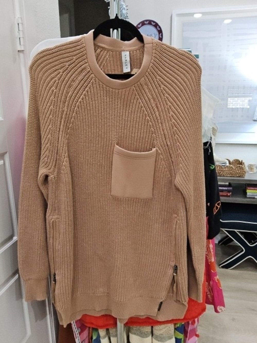 Varley Tan Crewneck Knit Sweater with Front Pocket